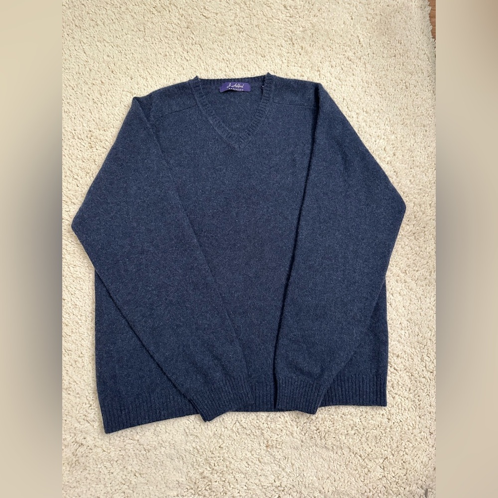 J. Ashford 100% Cashmere Sweater Mens Large Blue V-Neck Long Sleeve Pullover